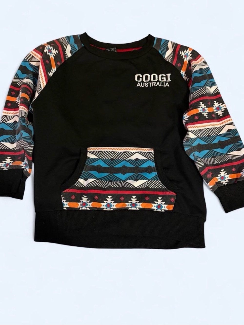 Coogi Australia Black Crewneck Sweatshirt with Multicolor Aztec Sleeves
